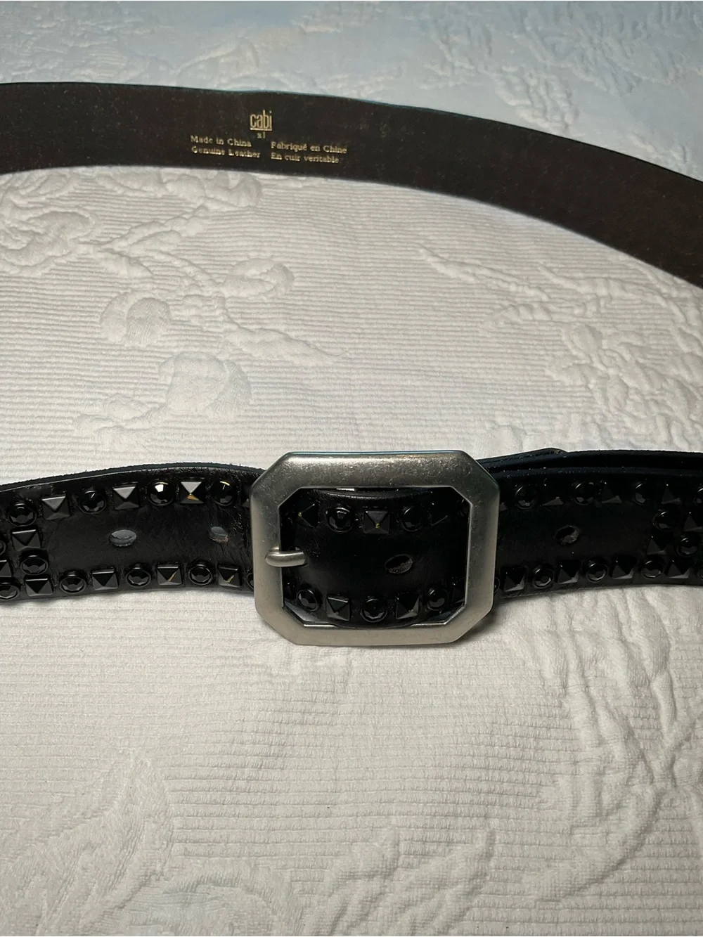 CAbi Black Studded Leather Belt with Silver-Tone Hex Buckle